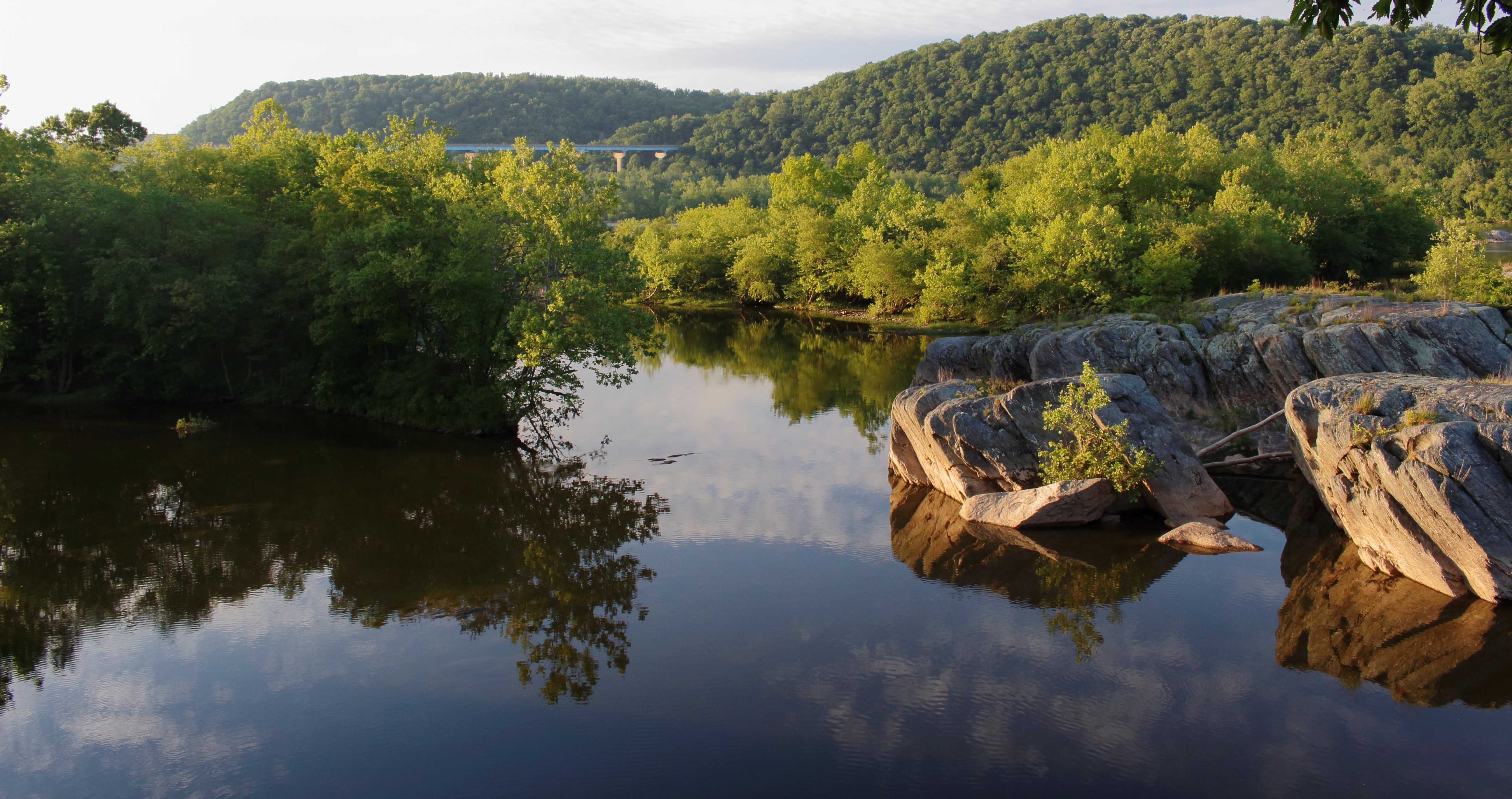 Susquehanna River landscape with rocks and forested hills